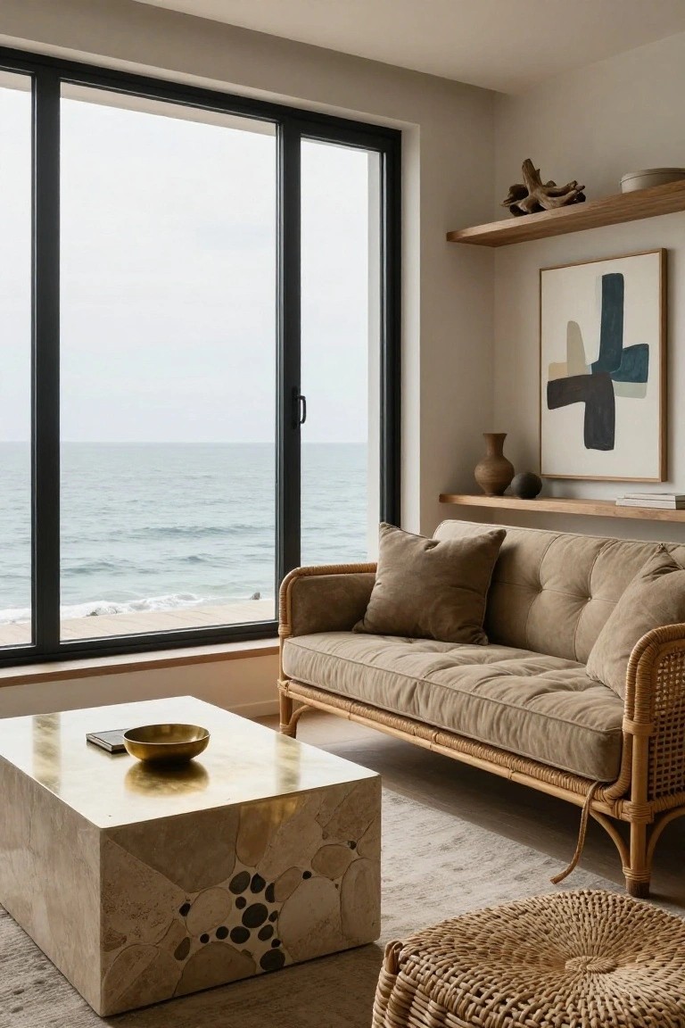Beige tufted sofa with rattan arms positioned by black-framed floor-to-ceiling windows overlooking the ocean, with a textured stone coffee table, woven ottoman, and wooden wall shelves holding pottery and art.