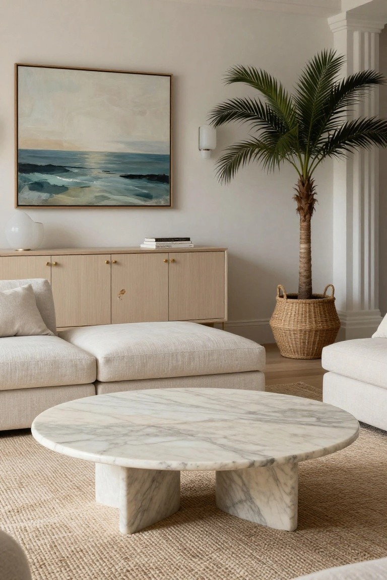 A light living room with round white marble coffee table on jute rug, modular cream fabric sofas, oak credenza, potted palm tree in basket, and large seascape painting above.