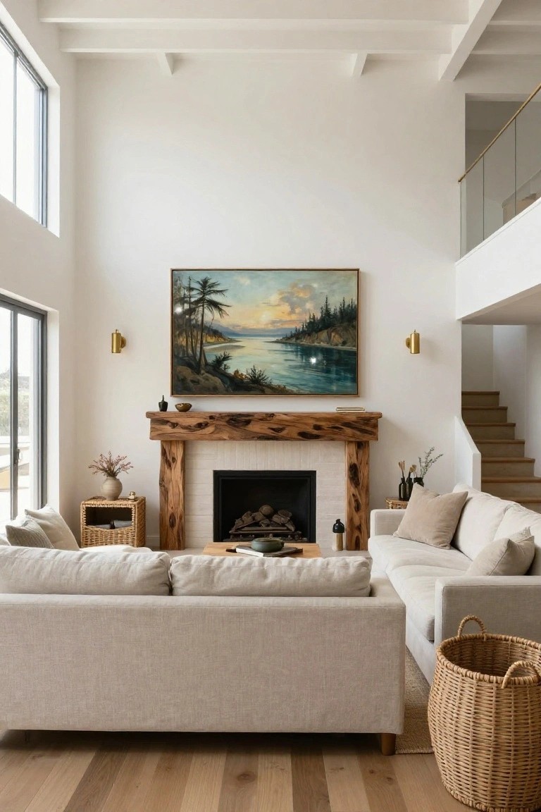 Tall white living room with high ceilings, glass railing overlook, large framed painting of palm trees and water above rustic wood mantel on brick fireplace, beige linen sofa, wood side tables, and light oak floors.