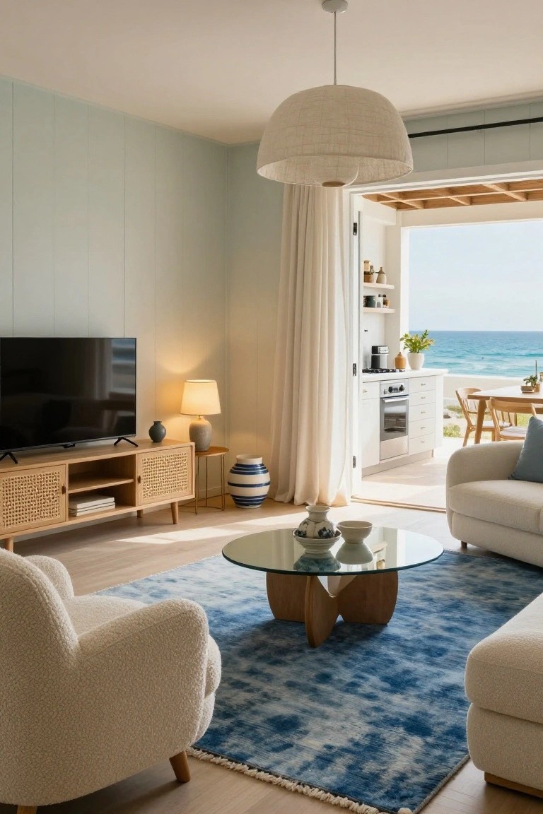 Living room interior with two cream sheepskin armchairs flanking a glass coffee table on a blue rug, rattan TV console nearby, open doors to kitchen and ocean view.