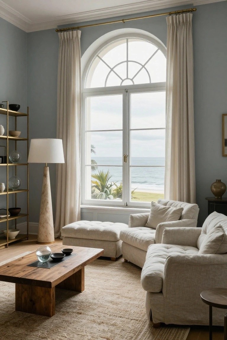 Light blue living room with curved cream linen sofas and ottomans around a rectangular wood coffee table, facing a tall arched window with cream curtains framing palm trees, grass, beach, and ocean view, brass shelves on one wall holding ceramics.
