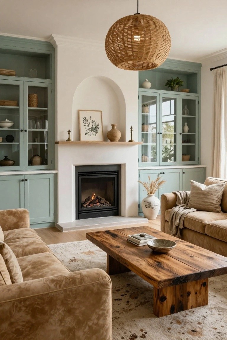 Living room interior with sage green built-in cabinets flanking a white fireplace, beige sofa on wood floor, rustic wood coffee table, rattan pendant light, and potted plants on shelves.
