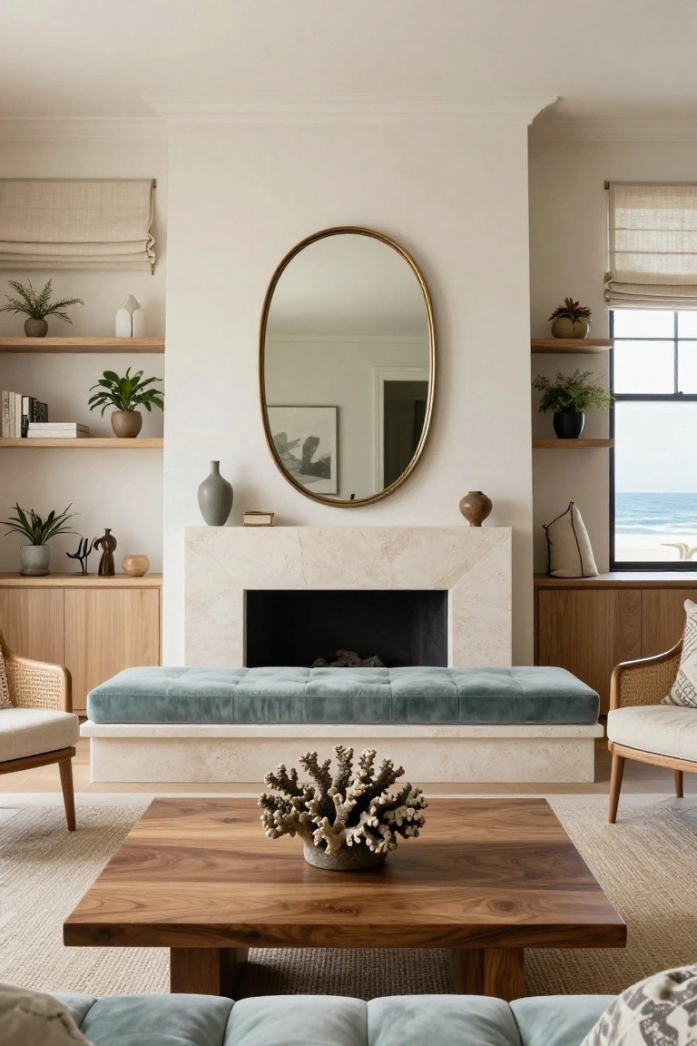 Coastal living room with cream stone fireplace flanked by open wooden shelves holding plants and decor, large oval gold mirror above mantel, wood coffee table with coral in pot, teal velvet bench, rattan chairs, and window overlooking ocean.