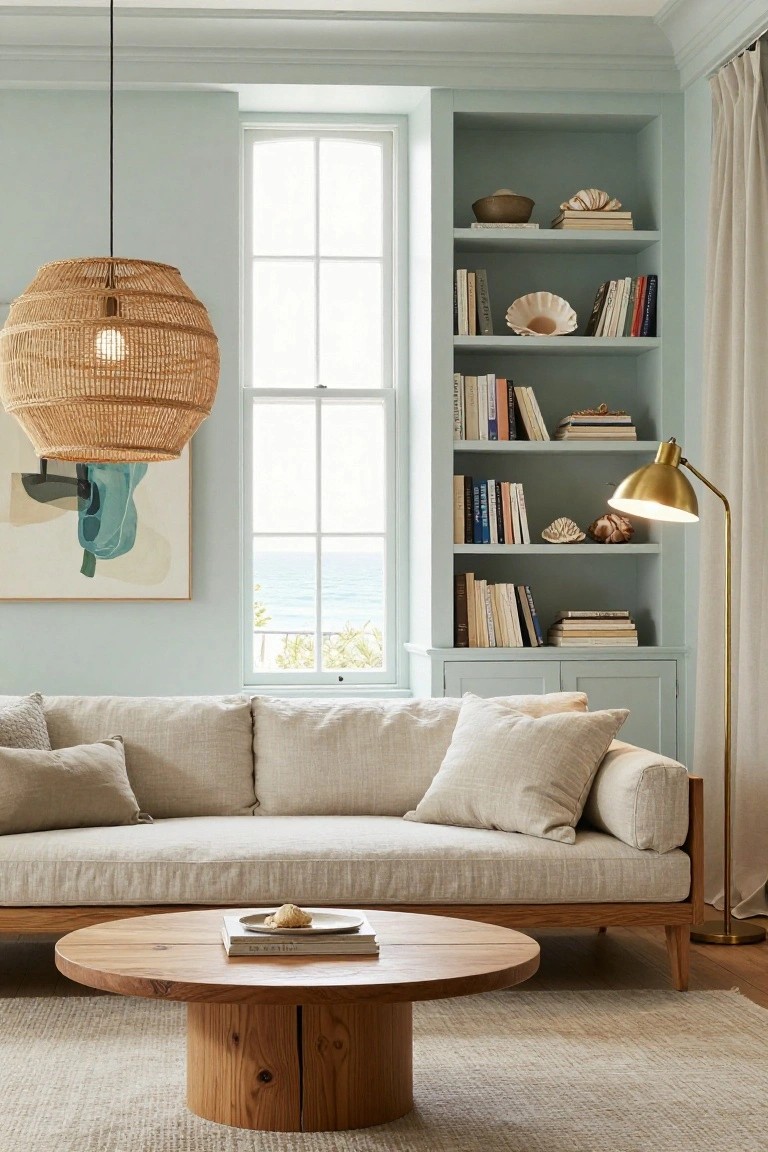 Coastal living room with teal built-in bookshelves displaying books, shells, and pottery beside a large window overlooking the ocean, plus a beige linen sofa and round wooden coffee table.
