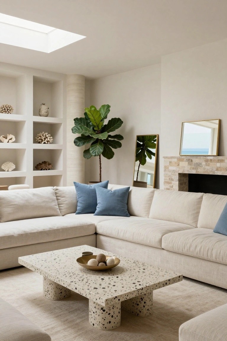 A light neutral living room with an L-shaped cream linen sofa, blue pillows, speckled terrazzo coffee table on cylindrical legs holding a brass bowl with round stones, fiddle leaf fig plant, built-in white shelves with shells and coral, gold mirror, and beige brick fireplace.