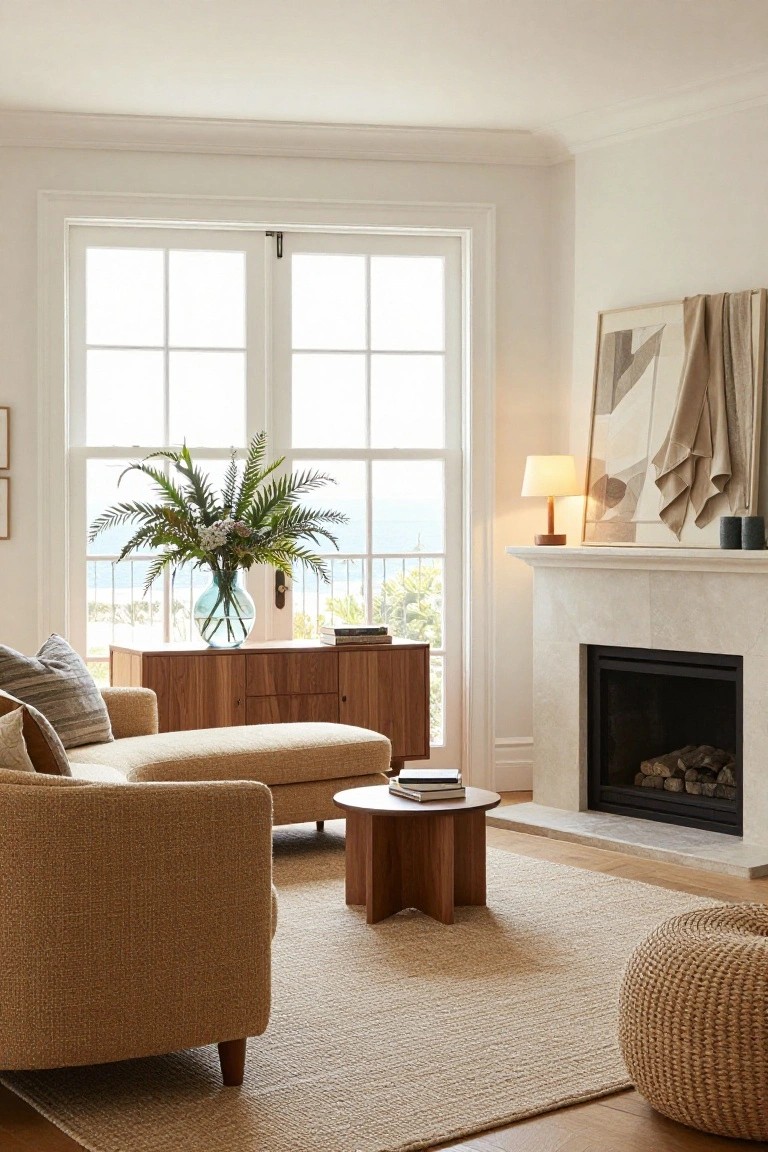 A light-filled living room corner with a cream upholstered sofa and chaise, wooden credenza holding a vase of ferns and a blue glass vase by large windows showing an ocean view, marble fireplace with logs, wooden tripod coffee table with stacked books, seagrass rug, and beige woven pouf.