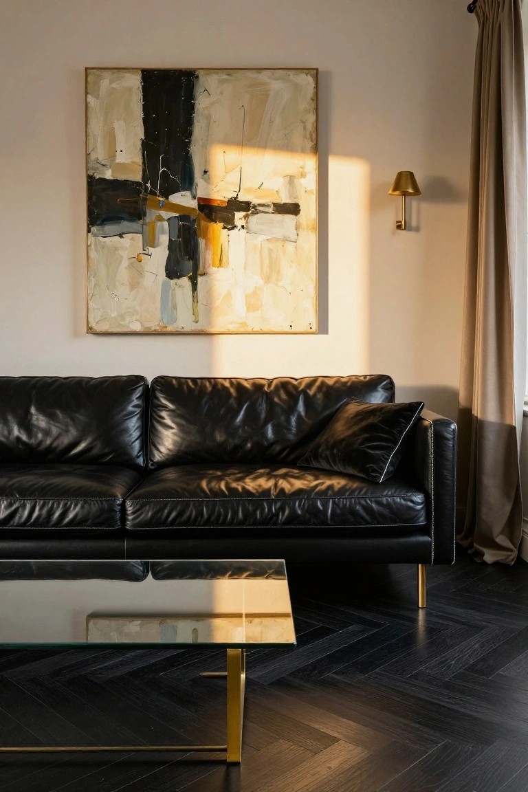 Modern living room interior with black leather L-shaped sofa, glass-top coffee table with gold legs, large abstract painting on beige wall, gold wall lamp, beige curtains, and black herringbone wood floor.