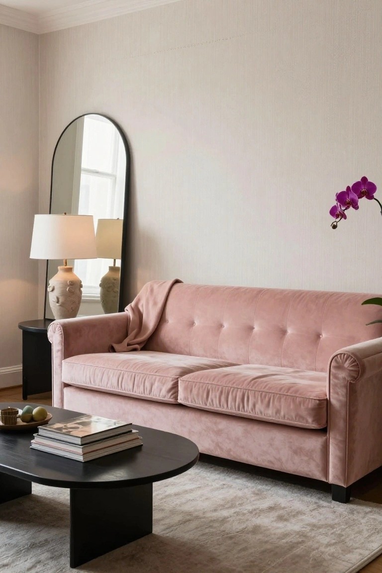 Blush pink velvet tufted sofa in a light beige living room next to an arched black mirror, terracotta lamp on black side table, oval black coffee table with stacked books and fruit bowl, neutral rug, and purple orchid plant.