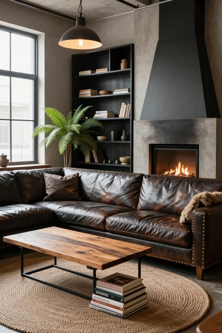 Modern industrial living room with brown leather L-shaped sectional sofa facing a concrete fireplace, wooden coffee table on jute rug, black bookshelves, potted fern plant, and pendant light.