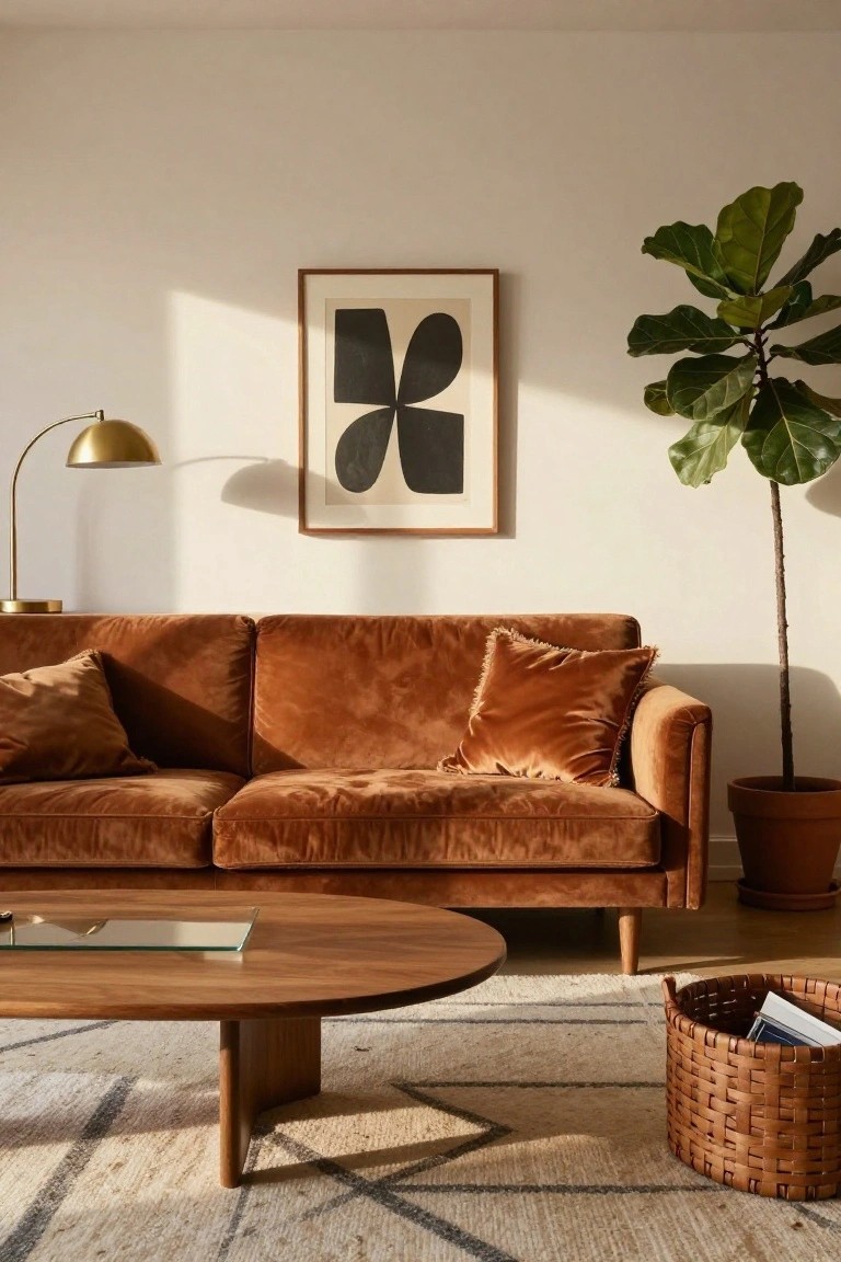 Burnt orange velvet three-seater sofa in a light living room with oval wood coffee table, gold arched lamp, framed abstract black and white art, tall fiddle leaf fig plant in terracotta pot, beige rug, and wicker basket holding books.