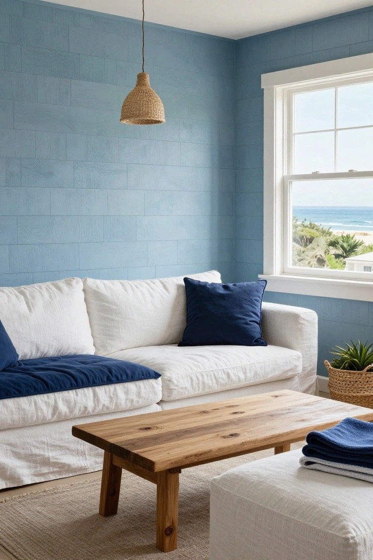 White slipcovered sofa with navy pillows and throws on a low wooden coffee table in a blue tiled room with ocean view window, potted plant, and woven pendant light.