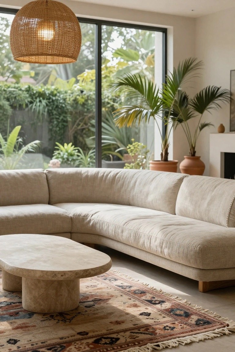 Beige curved L-shaped linen sofa in a bright living room with large windows to a lush garden, travertine pedestal coffee table, potted palms, terracotta pots, woven pendant light, and patterned rug on wood floor.