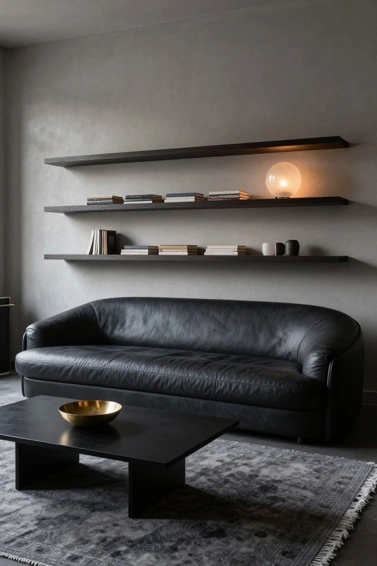 Modern living room with curved black leather sofa, black rectangular coffee table holding gold bowl, floating dark wood shelves with books and ceramics, textured gray walls, and gray patterned rug.