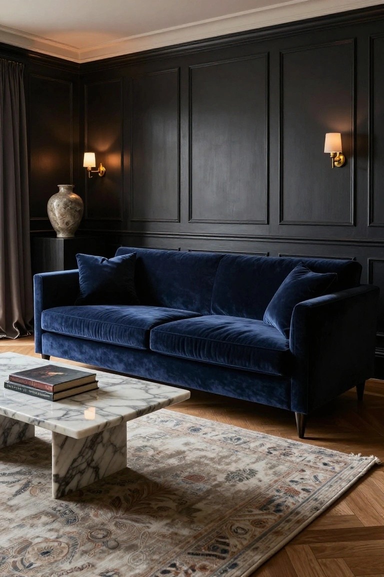 Dark paneled living room with navy blue velvet sofa, marble coffee table topped with stacked books, large ceramic vase on pedestal, wall sconces, velvet pillows, and patterned rug on parquet wood floor.