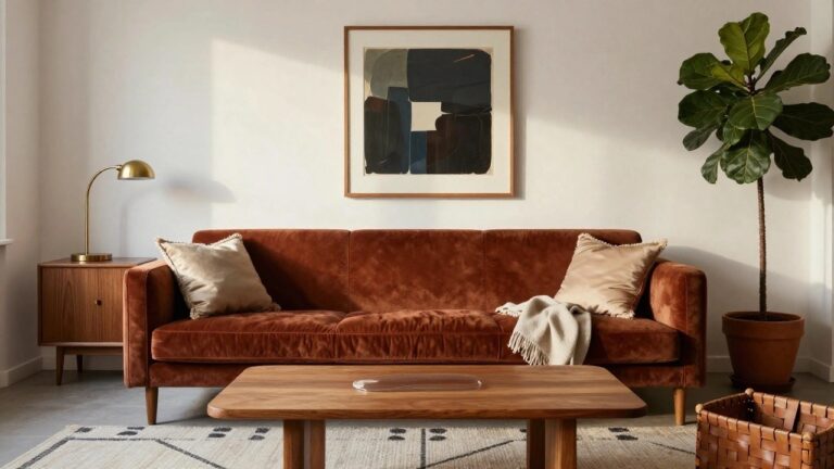 Burnt orange velvet three-seater sofa in a light living room with oval wood coffee table, gold arched lamp, framed abstract black and white art, tall fiddle leaf fig plant in terracotta pot, beige rug, and wicker basket holding books.