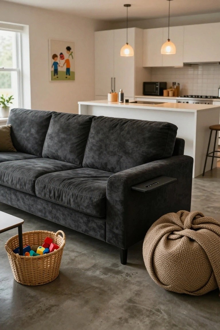 Dark gray velvet three-seater sofa with integrated black shelf on one arm, positioned in a modern living room with polished concrete floor, wicker basket of colorful toy blocks, large beige knit beige pouf ball, low coffee table, and open white kitchen in background.