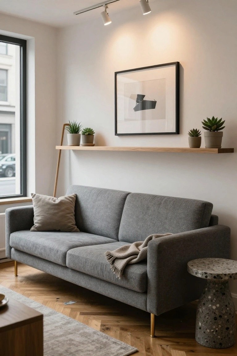 Modern living room with a gray two-seater sofa on thin brass legs, cream throw blanket and pillow, terrazzo stool, wooden shelf with plants, and large window.