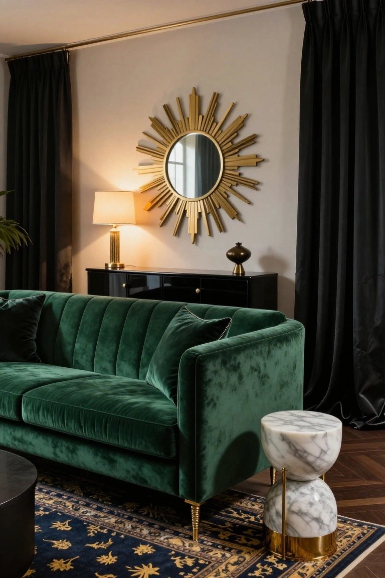 Modern living room interior with tufted emerald green velvet sofa on brass legs, black credenza, gold sunburst mirror, marble stool, and navy rug.
