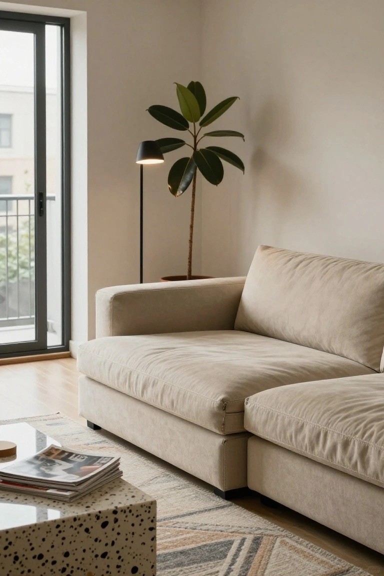 Corner of a modern living room with a large beige modular sofa, white speckled coffee table holding magazines, potted plant beside a black floor lamp, sliding glass doors to balcony, light wood floors, and woven rug.