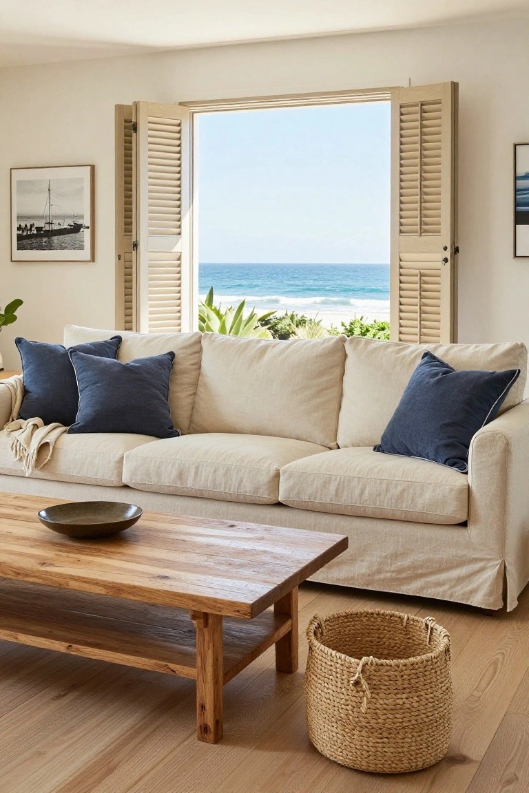 A cream linen slipcovered sofa with navy pillows and a cream throw on a beige three-seater in a white living room with open wooden shutters overlooking the ocean.