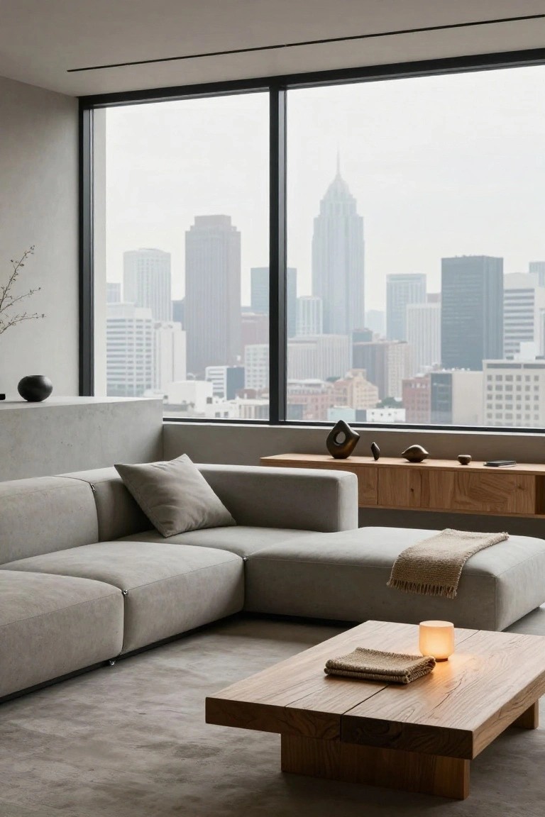 Modern minimalist living room with large light gray L-shaped sofa, low wooden coffee table holding a book and candle, wooden shelf with ceramic objects and a potted branch, and floor-to-ceiling windows overlooking a city skyline on a cloudy day.