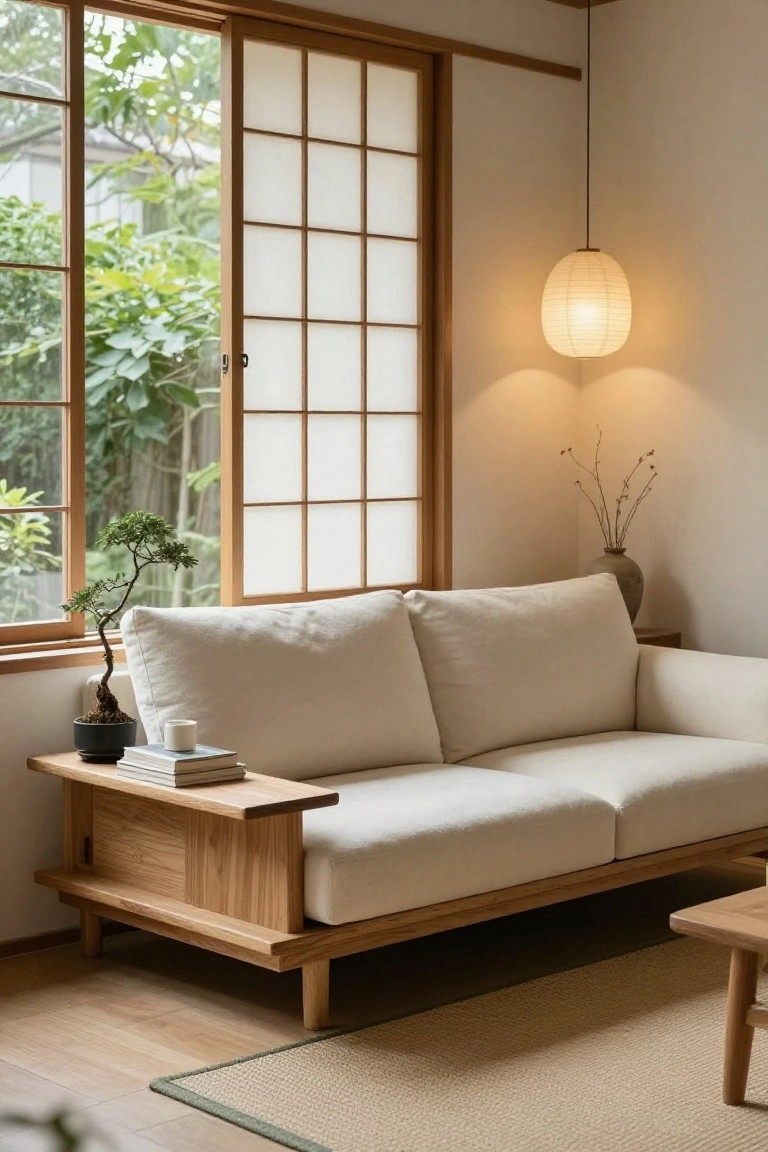 Low-profile beige sofa with oak wood frame and integrated side shelf holding books and a bonsai plant, in a minimalist room with shoji screens, pendant lamp, and wooden floors.