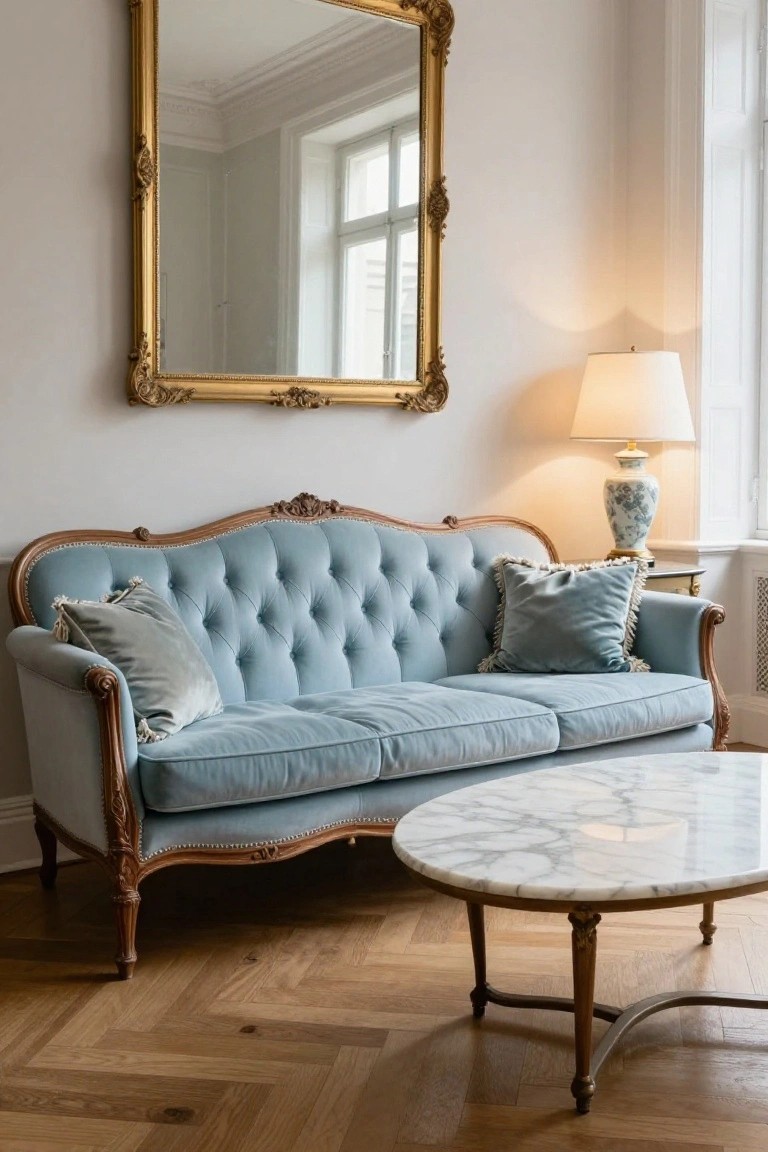 Pale blue tufted velvet sofa with ornate carved wooden frame and legs in a light room with gold-framed mirror, white lamp on table, porcelain vase, and oval white marble coffee table on parquet floor.