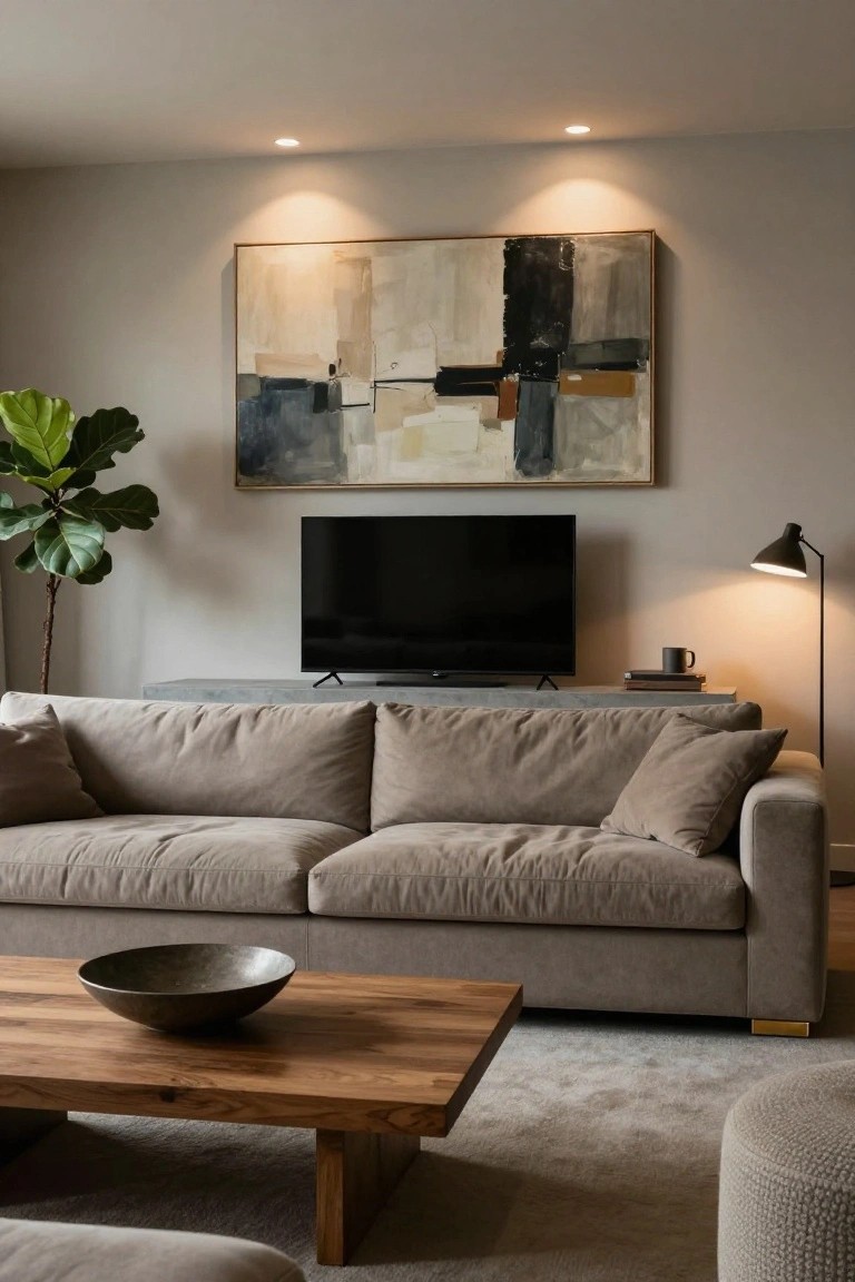 Modern living room with beige plush sofa on brass legs, wooden coffee table with black bowl, black TV on concrete console, abstract wall art, floor lamp, mug on side table, and fiddle leaf fig plant.