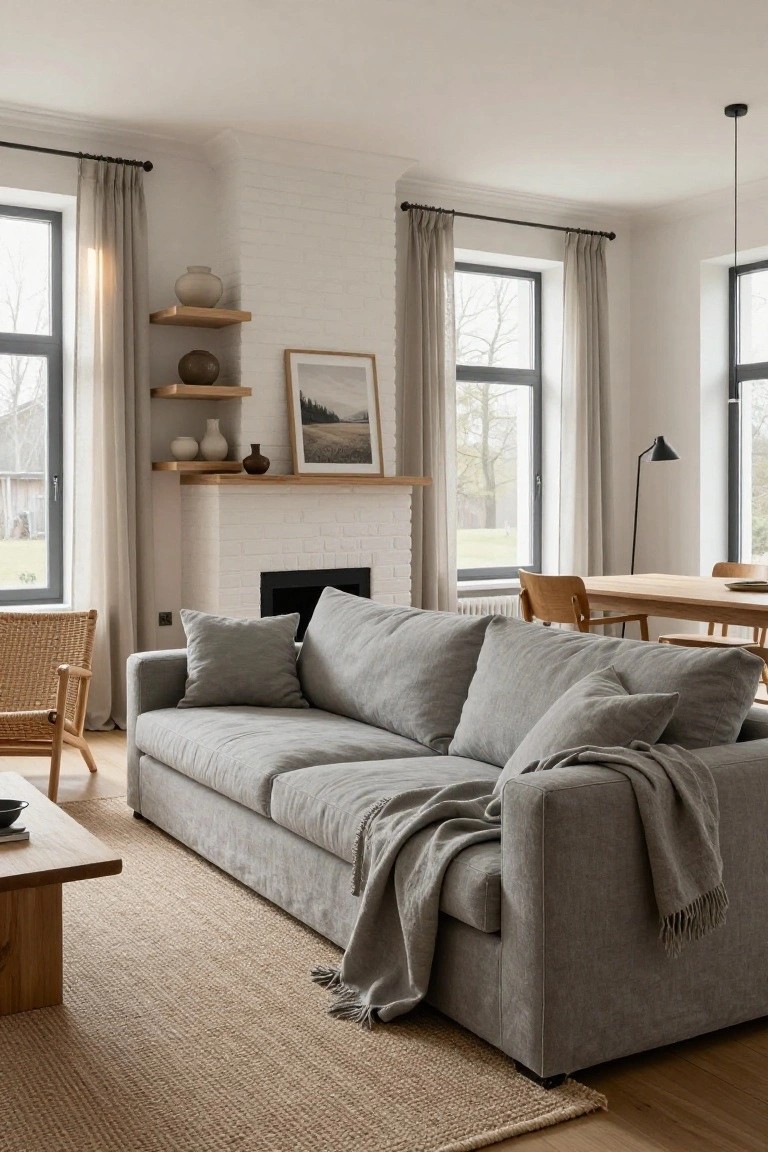 Modern living room interior with a large gray linen sofa draped with a blanket and pillows, white brick fireplace, floating wooden shelves with ceramics, large curtained windows, rattan chair, and wooden dining table in the background.