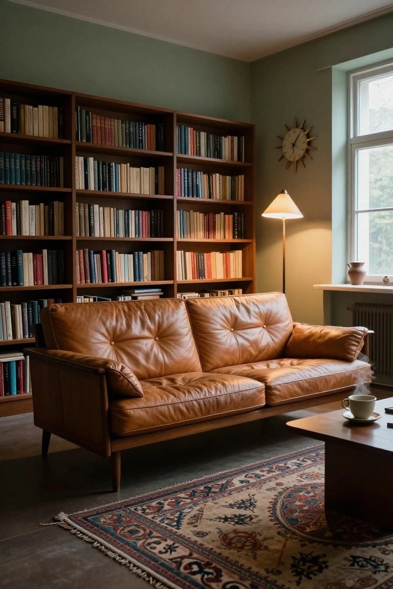 Tan tufted leather two-seater sofa positioned in front of wooden bookshelves lining green walls, with a floor lamp, low wooden table holding a teacup and saucer, and an oriental rug on the floor.