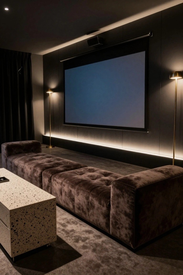 Dark modern home theater room featuring a large blank projector screen on the wall, brown tufted modular L-shaped sofa, speckled white coffee table, two gold floor lamps, black curtains, and LED strip lighting along the baseboard.