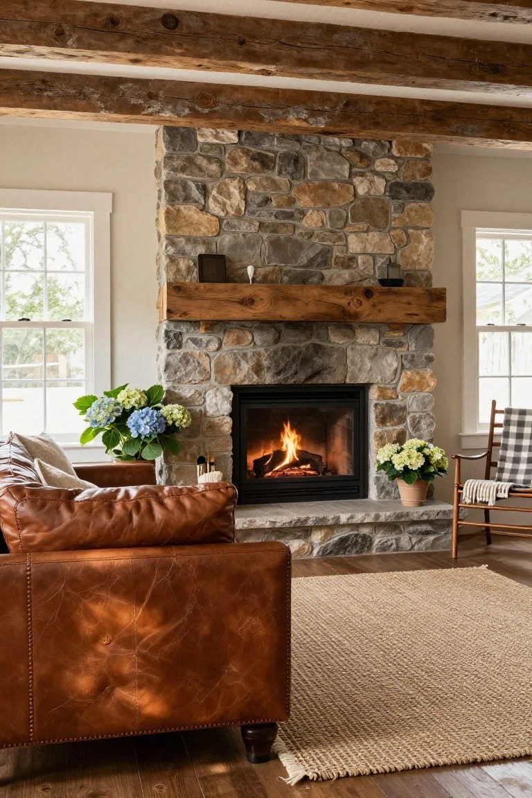 A living room with a brown leather sofa facing a stone fireplace with a burning fire, exposed wooden ceiling beams, two windows, a rocking chair, potted hydrangeas, and a woven rug on hardwood floors.