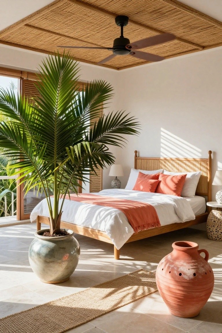 A Tall Palm Plant by the Bed