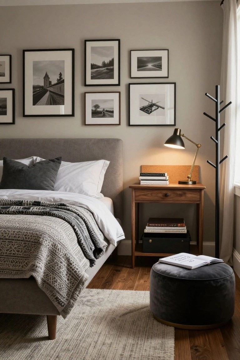 Bedroom corner featuring a gray upholstered bed with white sheets and gray throw, wood nightstand with stacked books and adjustable lamp, black coat rack by the window, and a wall arrangement of black-framed black-and-white photos of landscapes, roads, towers, trees, and a helicopter.