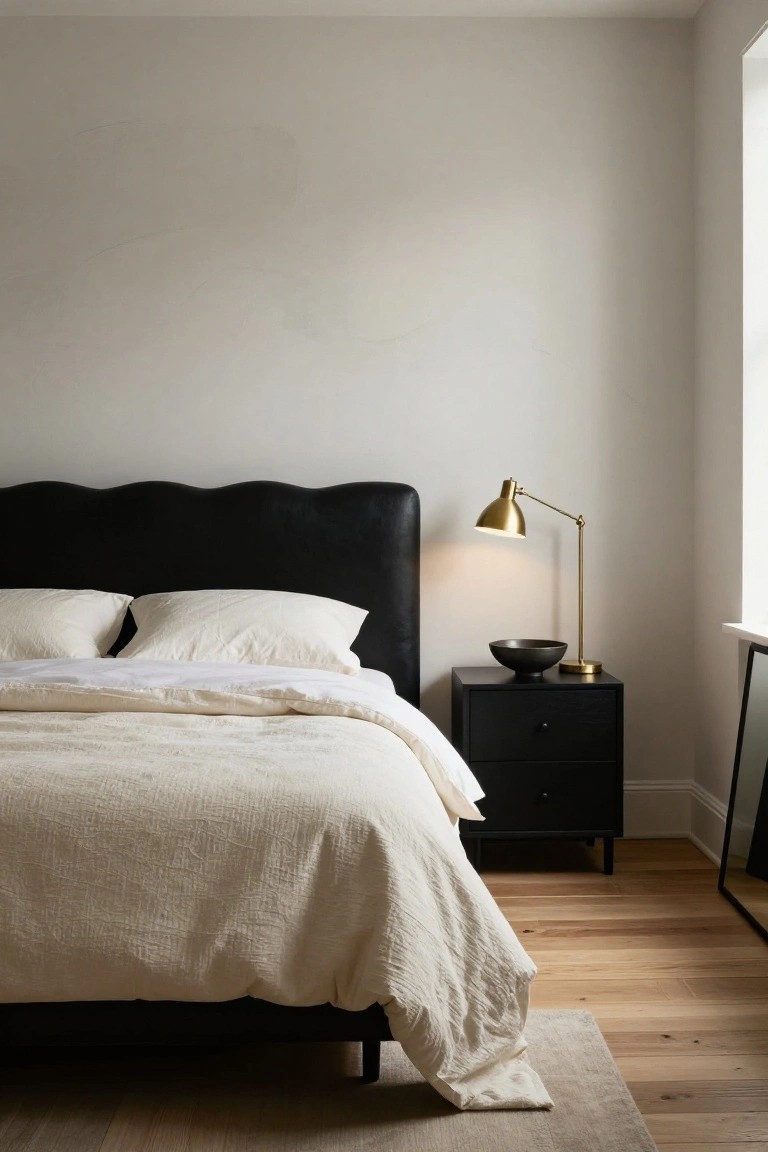 A bedroom with a curved black leather headboard, white textured bedding, two pillows, a black nightstand holding a gold arched lamp and black bowl, beside a window on light walls and wood floors.