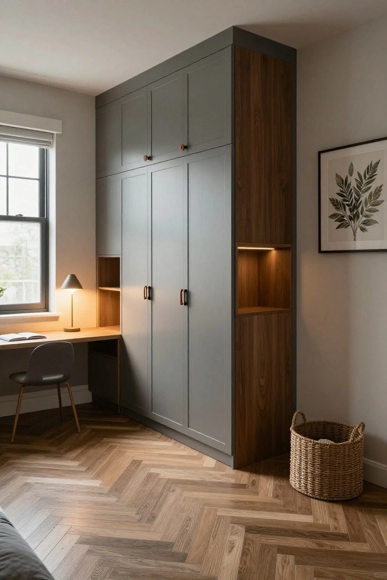 Bedroom corner with tall grey wardrobe unit featuring wood accents, integrated desk, lit shelf niche, desk lamp, chair, and herringbone wood floor.