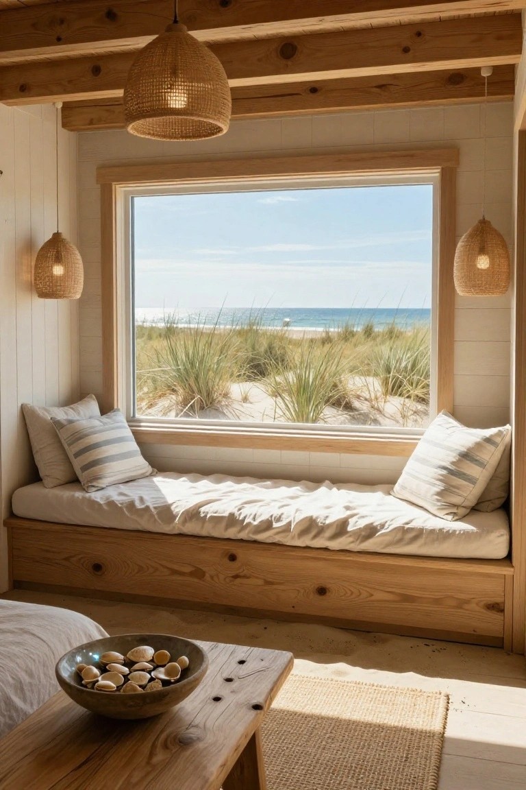 Light wood built-in window bench with white cushions and striped pillows under a large window showing beach dunes, ocean, and sky, in a room with rattan pendant lights and wooden table holding seashells.