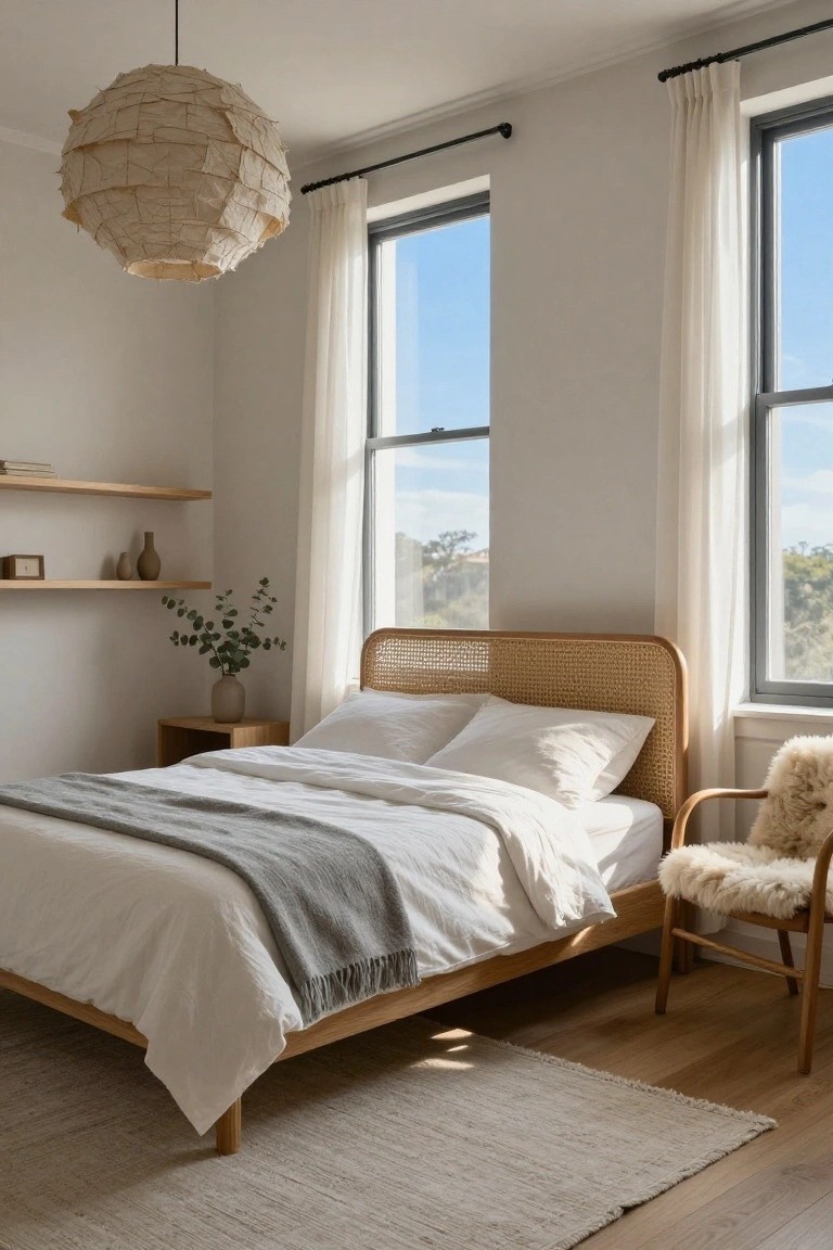 Bedroom interior featuring a bed with light wood frame and woven cane headboard, white bedding with gray throw, sheer curtains on black-framed double windows, wooden nightstand with potted plant, floating oak shelves, sheepskin armchair, rattan pendant lamp, and light oak flooring with beige rug.