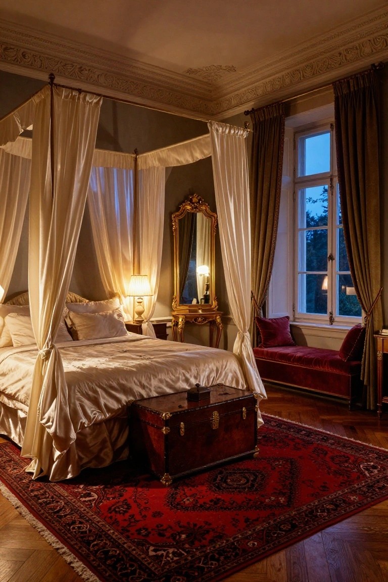 A bedroom with a four-poster canopy bed draped in sheer white fabric, silk bedding, gilded mirror on a side table, red velvet bench by tall windows, antique trunk, and red Persian rug on wood floors.