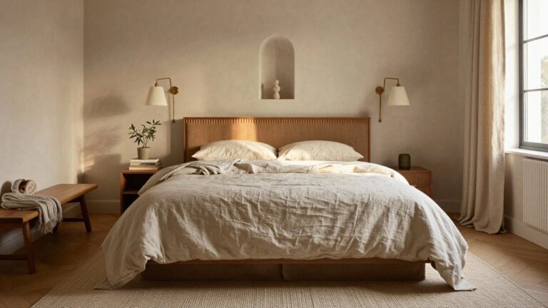 Bedroom with white linen bed, wooden cane-trimmed headboard, oak bench at foot stacked with books, wooden nightstand holding gray potted olive plant, arched wall niche with pair of white sconces and terracotta statue, beige walls, light oak floors, and cream rug.