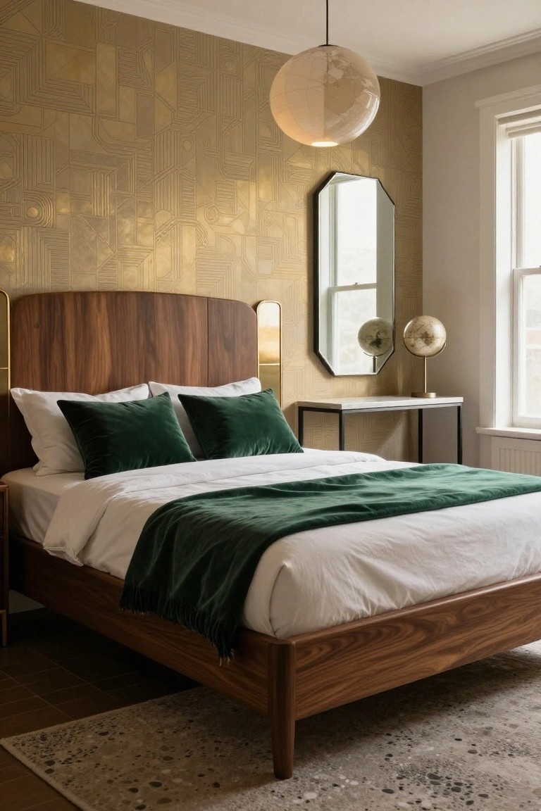 Bedroom with gold geometric patterned wallpaper behind a curved walnut headboard bed with white sheets, green velvet pillows and throw, globe pendant light overhead, octagonal mirror on side table with globe lamp, and window with blinds.
