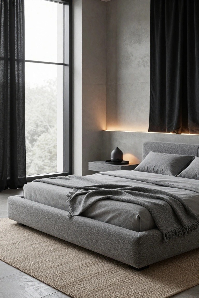 Modern bedroom interior featuring a low gray upholstered platform bed with white sheets and gray throw, textured gray walls, black sheer curtains on a large window, floating nightstand with black diffuser, and beige rug on concrete floor.