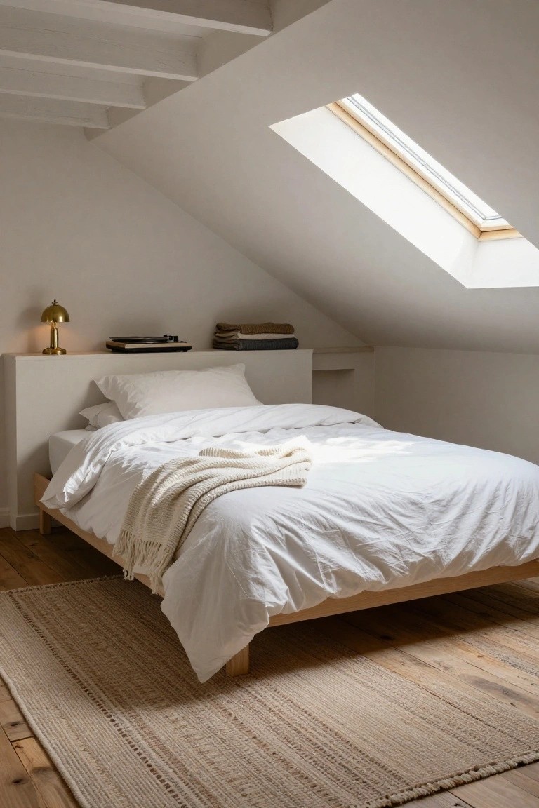 Attic bedroom with sloped white ceilings and skylight, wooden platform bed with white duvet and knit throw, gold lamp and books on wall shelf, seagrass rug on natural wood floor.