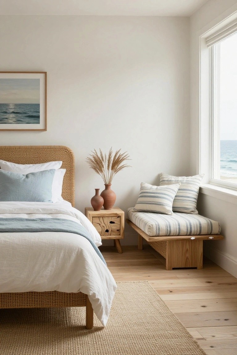 Bedroom corner showing rattan headboard bed with white and light blue linens, wood nightstand holding terracotta vases and pampas grass stems, striped fabric bench by large window with ocean view, on light wood floors with seagrass rug.