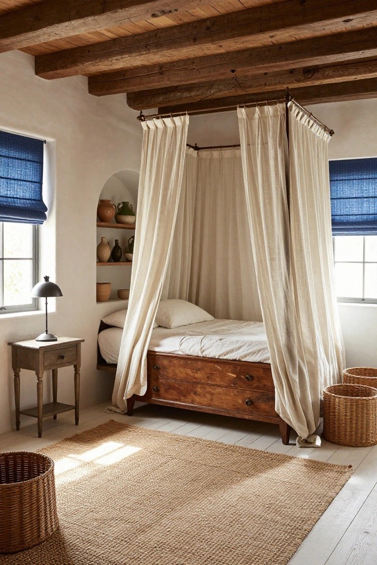 Bedroom with white adobe walls, wooden canopy bed draped in sheer white curtains over a white duvet, antique wooden nightstand with lamp, blue woven shutters on windows, pottery on shelves, seagrass rug, and wicker baskets on whitewashed floor.