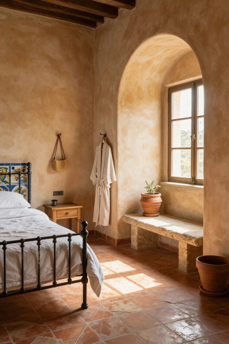 Bedroom with black iron bed, blue tiled headboard, textured beige plaster walls, exposed wooden ceiling beams, arched window niche with stone bench, potted plants, hanging robe and bag, wooden side table, and terracotta tile floor.