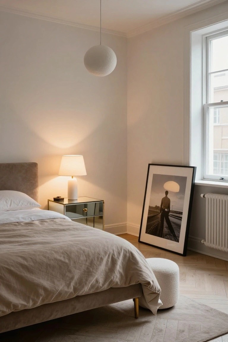 Bedroom corner with beige upholstered bed dressed in white sheets and beige linen duvet, gold-trimmed mirrored nightstand holding white lamp, tall black-framed photograph of silhouetted figure, white pouf on herringbone wood floor, white globe pendant overhead, and window with radiator.