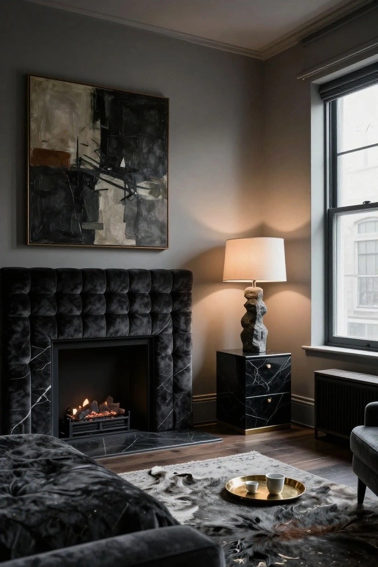 A bedroom corner with a black tufted velvet-upholstered fireplace surround and marble hearth containing a gas fire, next to a black marble nightstand with a stone lamp, a sheepskin rug, and a velvet bed in the foreground.