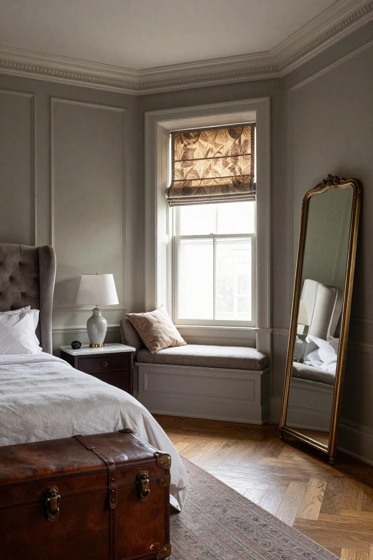 Bedroom corner with gray tufted bed, marble nightstand and lamp, built-in window bench under sash window with patterned blind, tall gold-framed mirror, brown leather trunk on parquet wood floor covered partly by Persian rug.