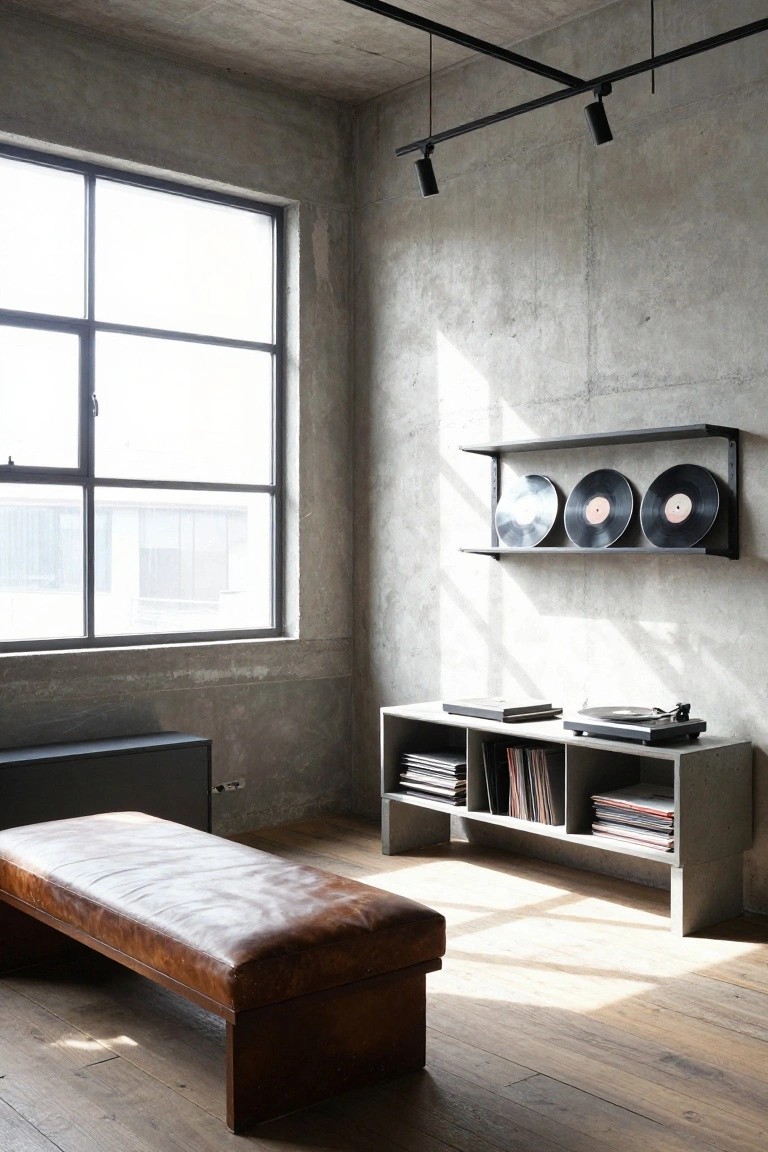 Industrial interior room featuring exposed concrete walls, large metal-framed windows, black wall-mounted shelves displaying three vinyl records, concrete cabinet holding a turntable and stacked records below, and a low tan leather bench on light wood flooring.